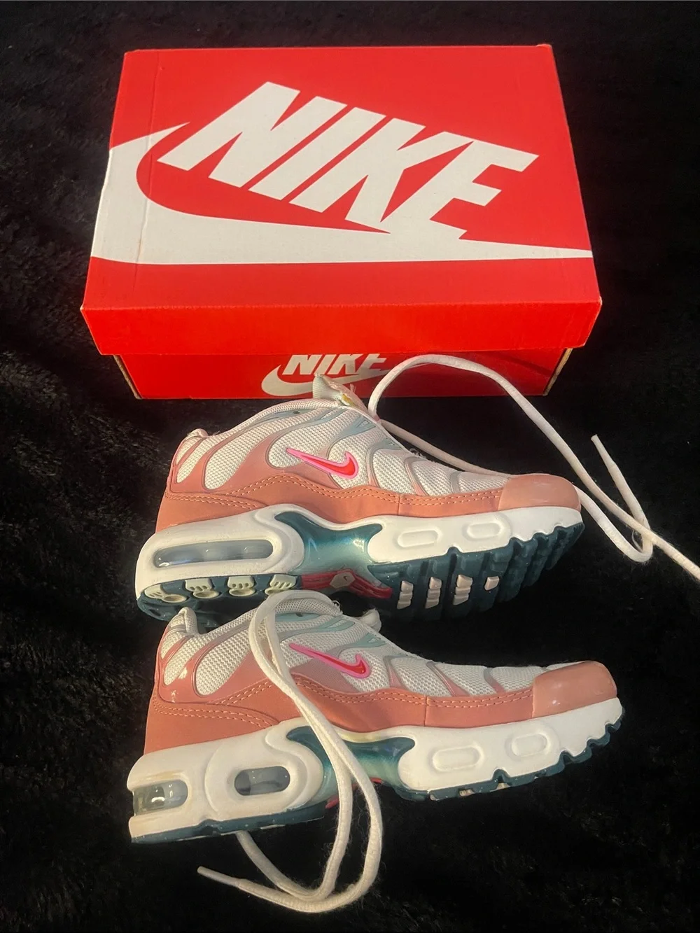 Kids Nike Air Max Plus Sneakers White with Pink and Peach Accents (Box Included)